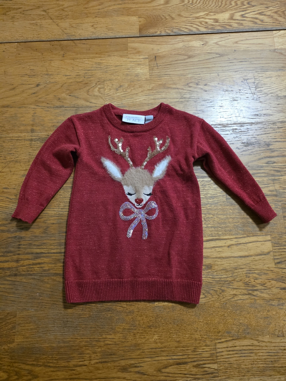 The Children's Place Red Reindeer Sweater Dress with Gold Accents